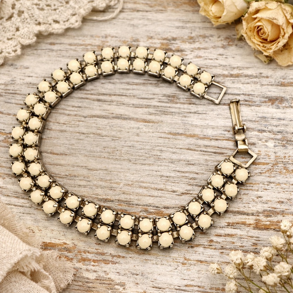 Vintage Double Row Milk Glass Bracelet | mid century